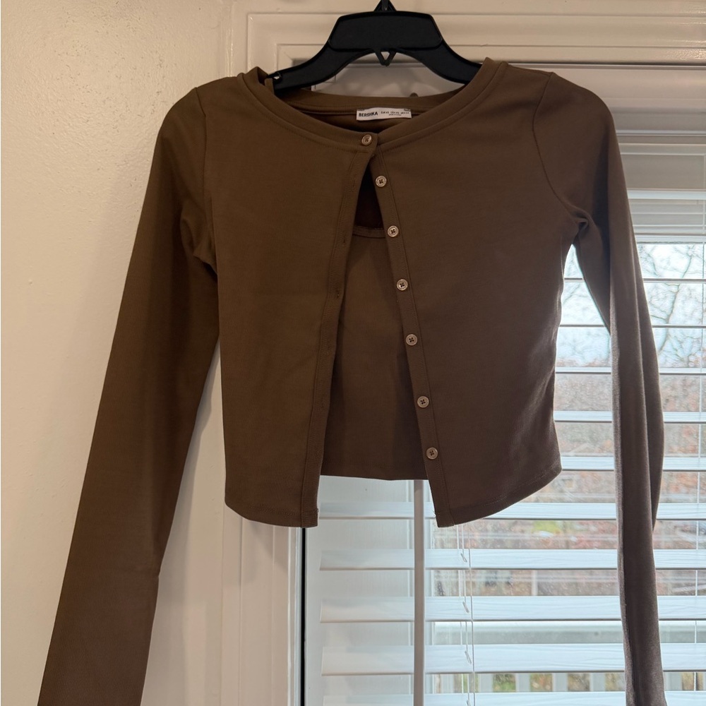 Bershka Chocolate Brown Button-Up Cardigan